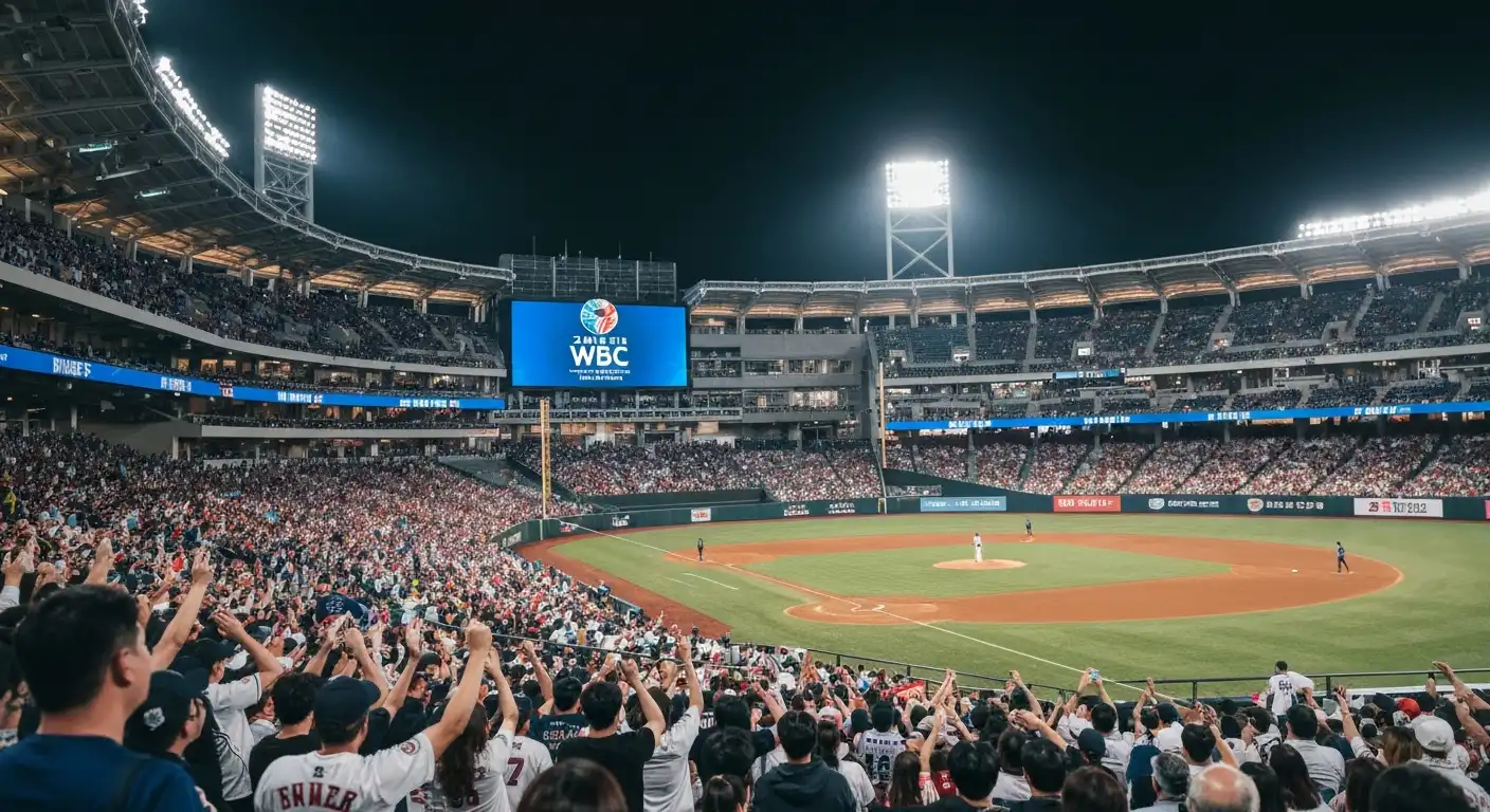 2026 WBC 일정 로고와 열광하는 야구 팬들