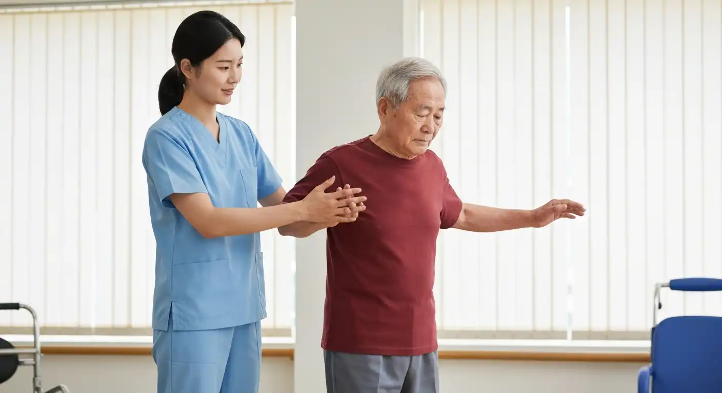 고관절 골절 예방 균형 훈련을 돕는 물리치료사