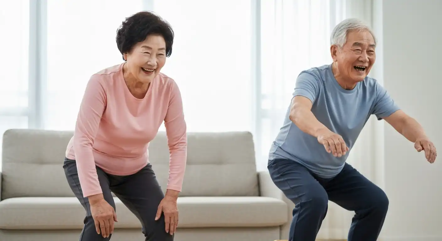 노년기 낙상 예방 하체 근력 운동하는 한국인 노부부