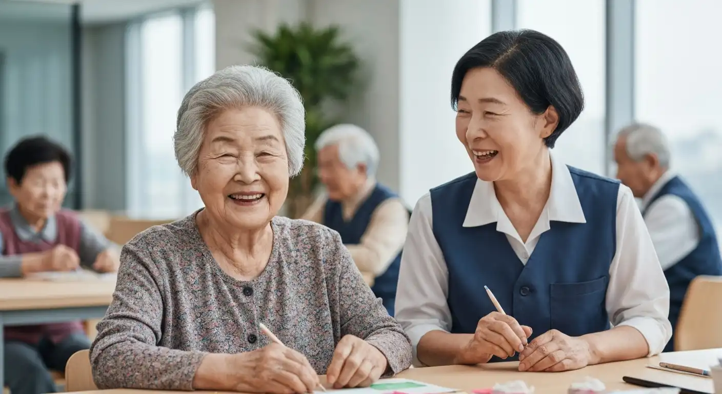 노인 커뮤니티 케어 프로그램에서 행복하게 웃는 어르신과 케어 담당자