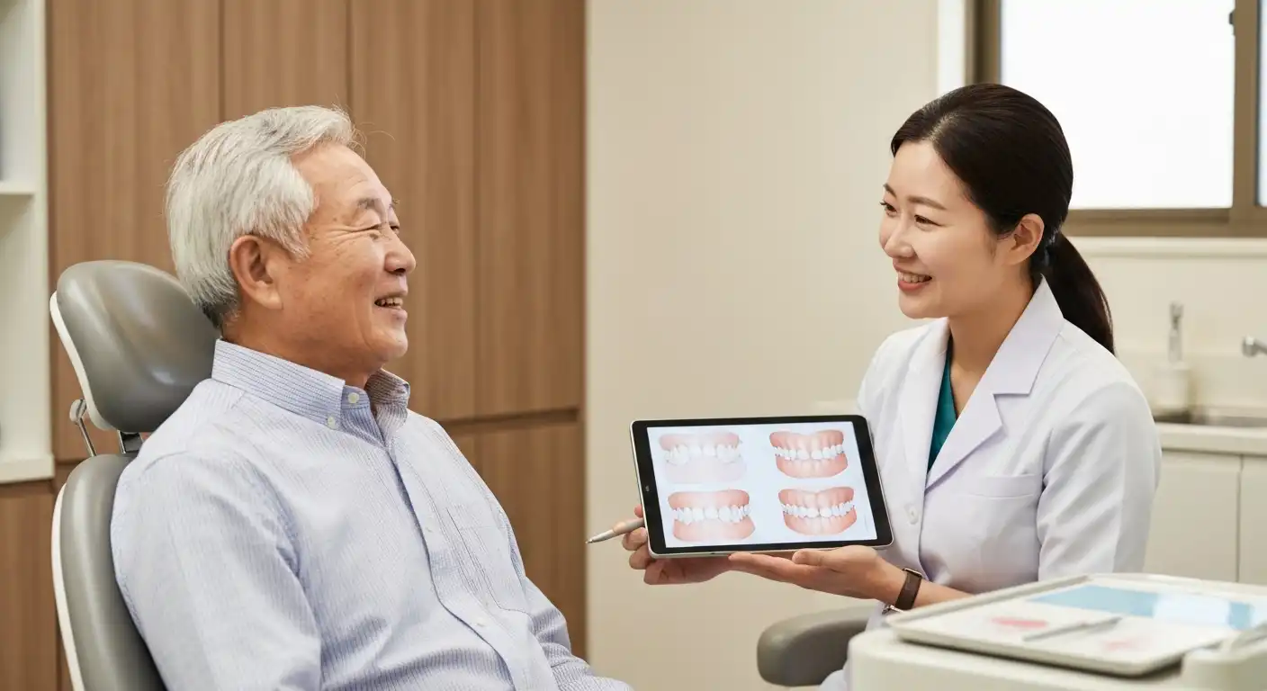 노인 틀니 건강보험 상담을 받는 한국 어르신과 치과 의사
