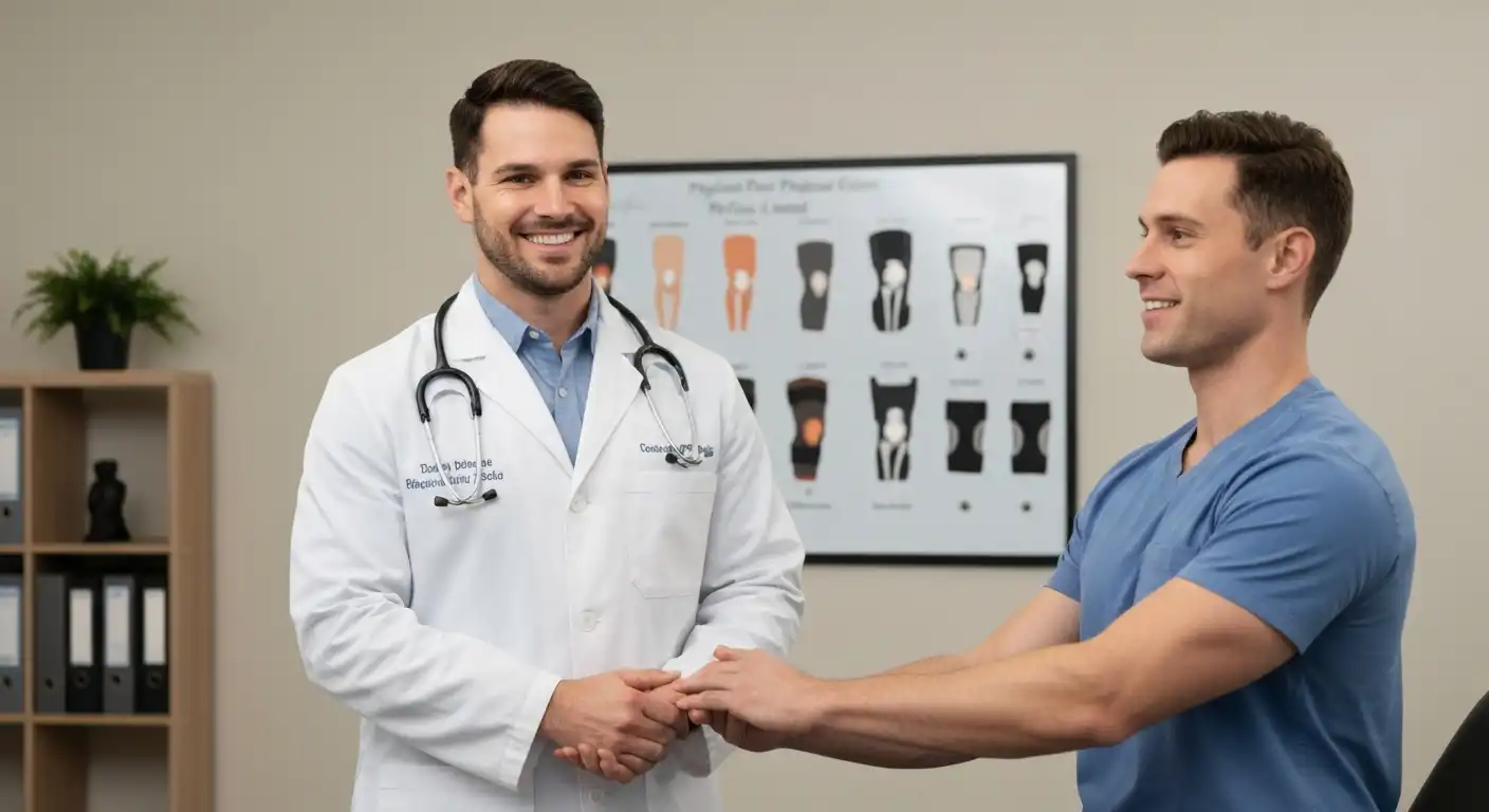 전문가가 무릎 보조기 깔창 종류를 설명하는 모습