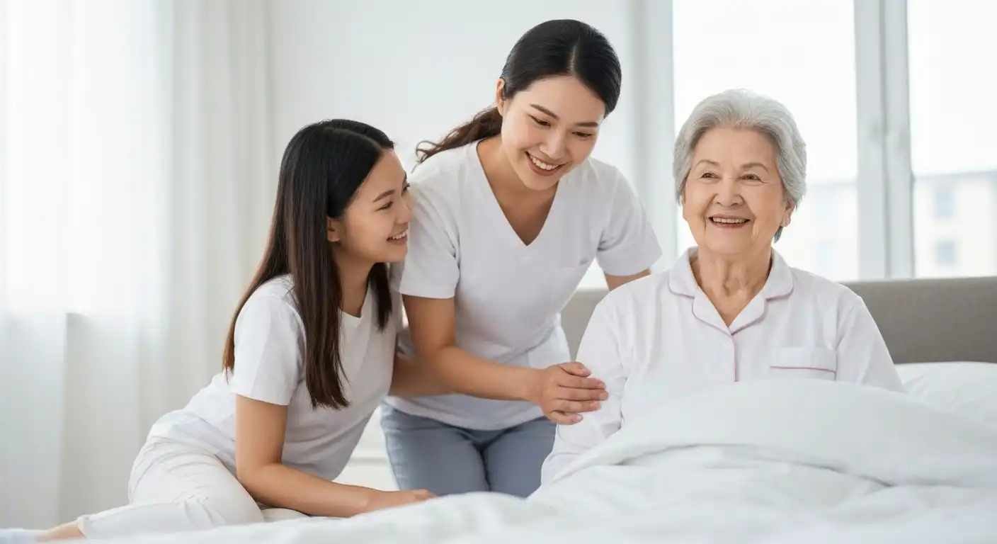 치매 어르신 인식표를 확인하는 보호자와 어르신