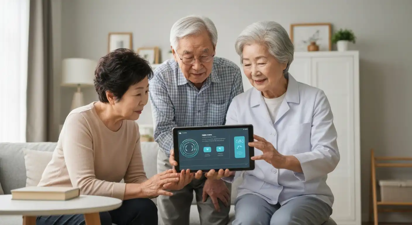 스마트 기기로 노쇠예방 운동을 하는 한국인 노인