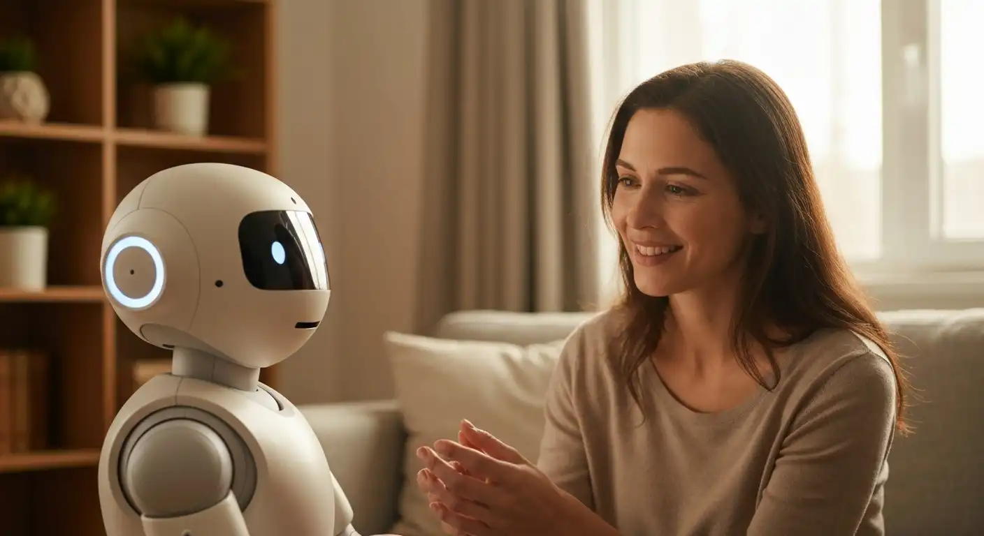 시니어 AI 케어 로봇과 교감하는 어르신 이미지