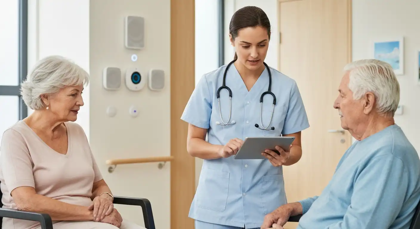 스마트 돌봄 기기를 사용하는 어르신 이미지