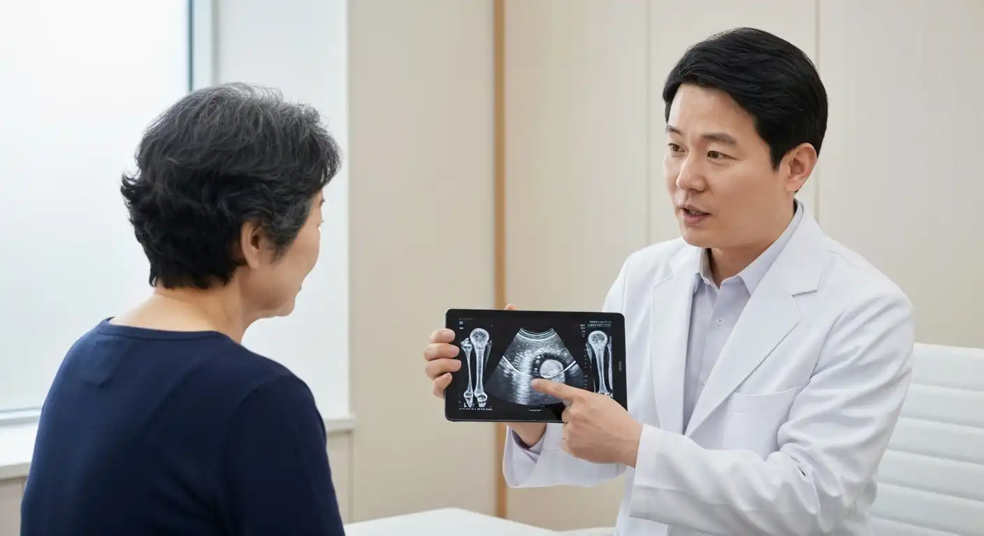 어깨 회전근개 파열 진단을 위해 MRI/초음파 영상을 설명하는 한국인 의사