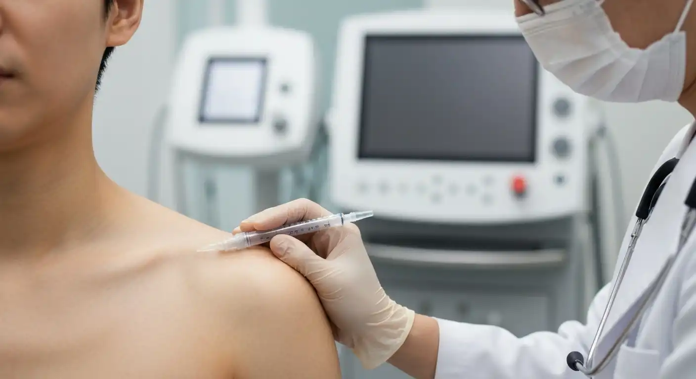 어깨 회전근개 파열 비수술 치료를 위한 재생 주사 시술 장면