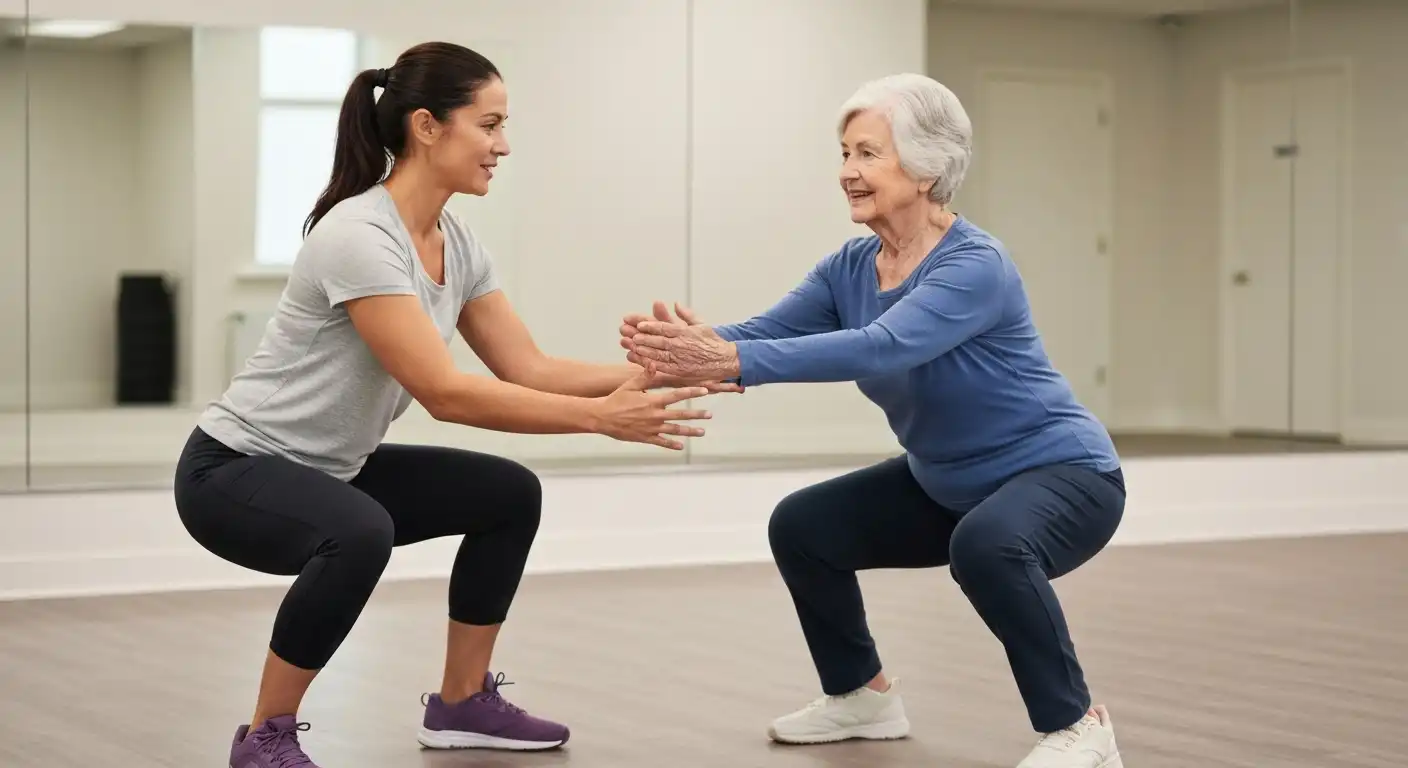 한국인 물리치료사가 나이 든 아시아 여성에게 스쿼트를 지도하며 저항성 운동 뼈 건강 강조