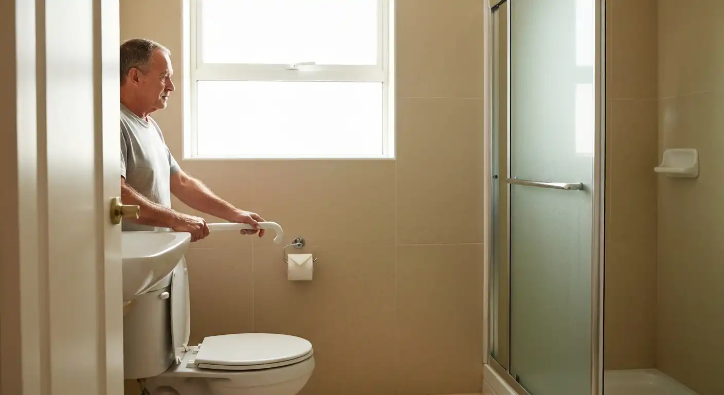 주거 환경 개선으로 설치된 안전 손잡이를 사용하는 지역사회 통합돌봄 어르신