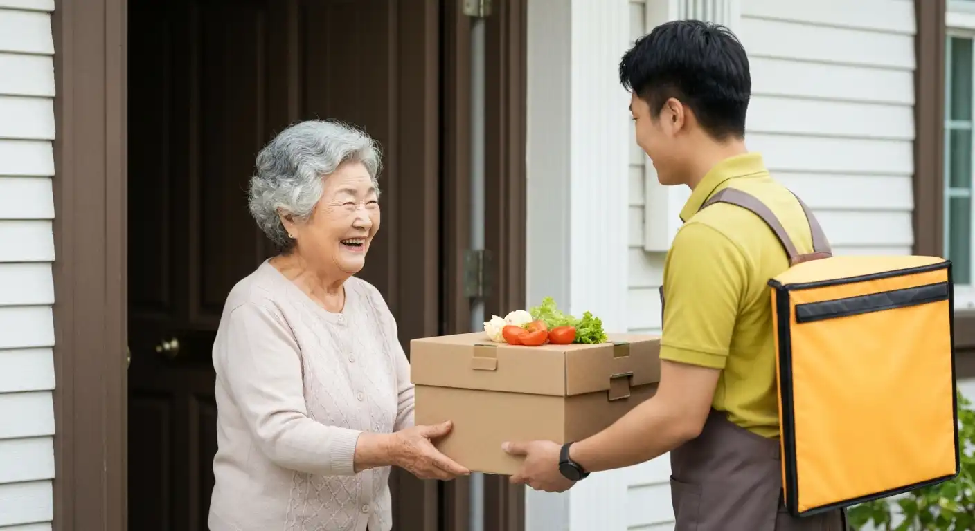 생활 지원으로 식사 배달 서비스를 받는 지역사회 통합돌봄 어르신