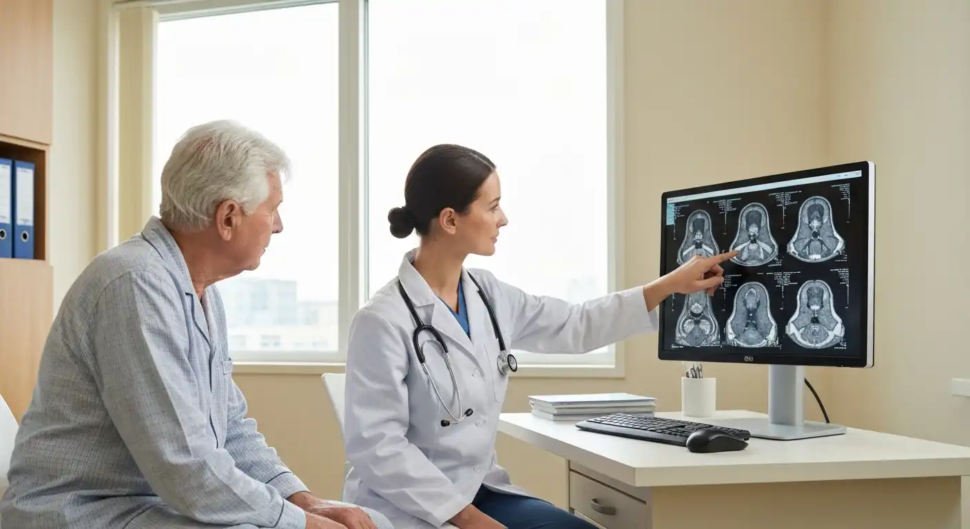 허리 척추관 협착증 MRI 영상을 설명하는 의사