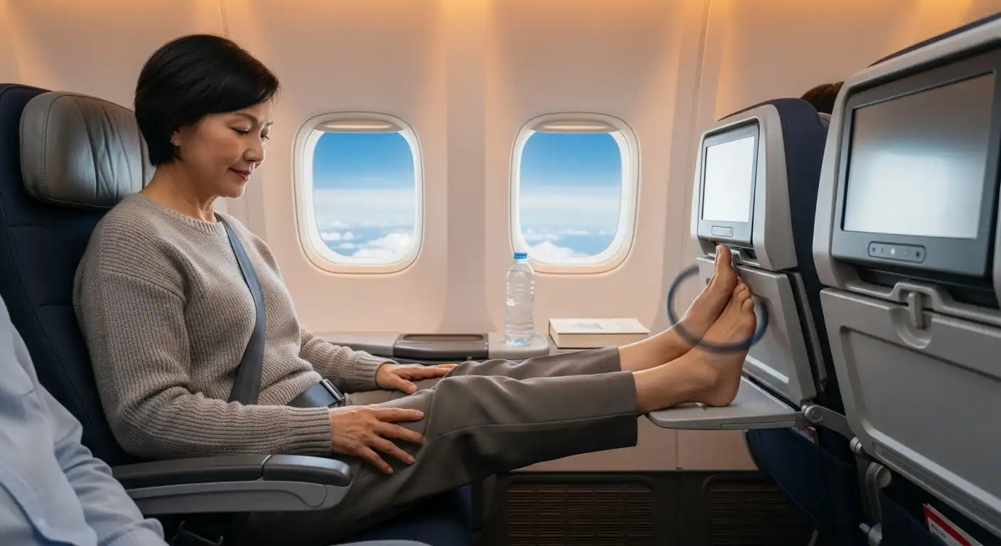 액티브 시니어 여행 건강 주의사항: 7가지 핵심 팁으로 안전하게 즐겨요! ✈️ 3 액티브 시니어가 비행기 안에서 스트레칭하는 모습