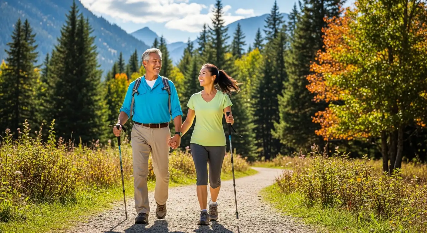액티브 시니어 여행 건강 주의사항: 7가지 핵심 팁으로 안전하게 즐겨요! ✈️ 4 한국인 액티브 시니어 부부가 지팡이를 짚고 자연 속을 걷는 모습