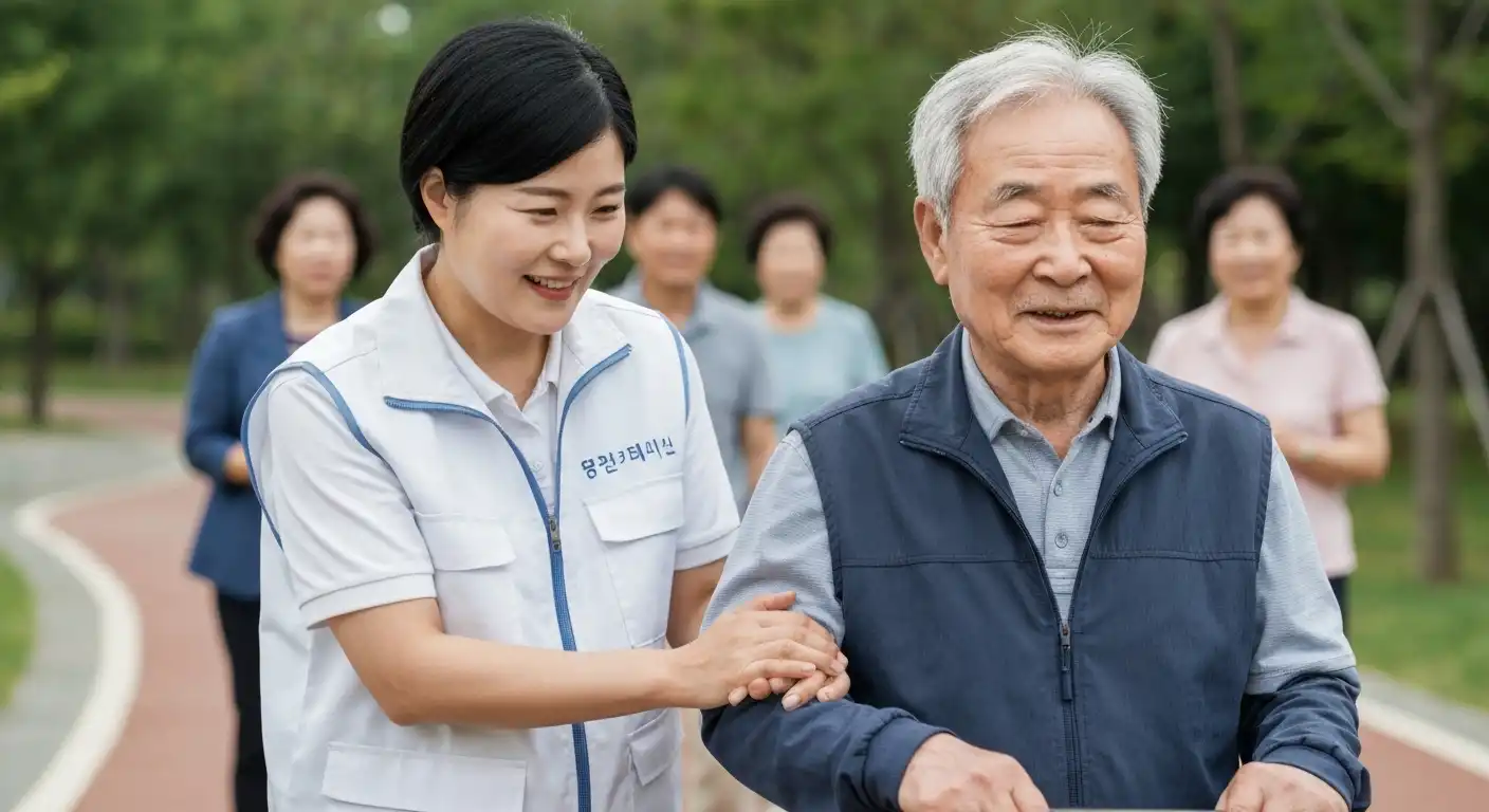 치매안심마을에서 활동하는 한국인 치매 파트너가 어르신을 돕는 모습