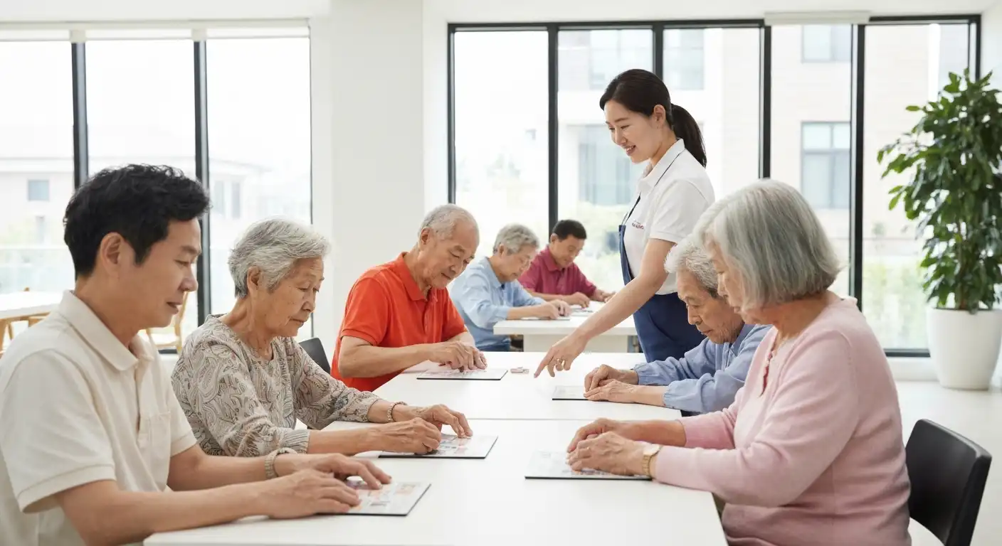 치매안심마을에서 한국인 어르신들이 인지 훈련 프로그램에 참여하는 모습