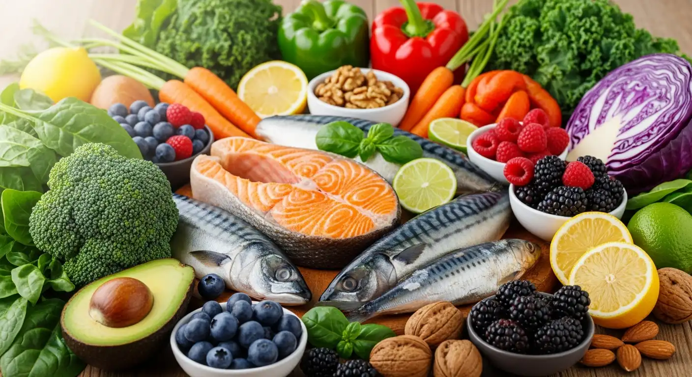 신선한 채소와 과일로 가득 찬 식탁, 뇌 건강 식단을 나타내는 이미지