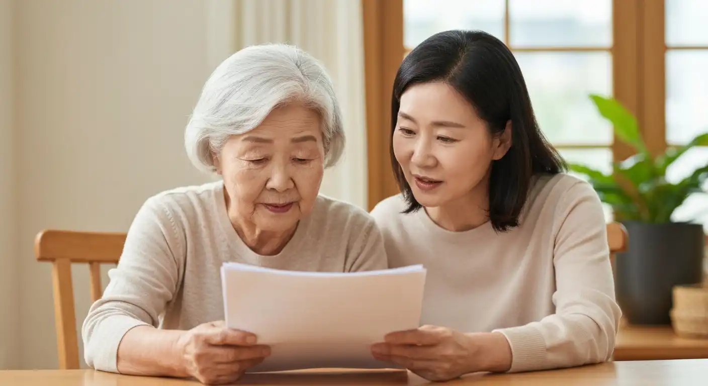 치매 치료관리비 지원사업 서류를 함께 확인하는 한국인 모녀