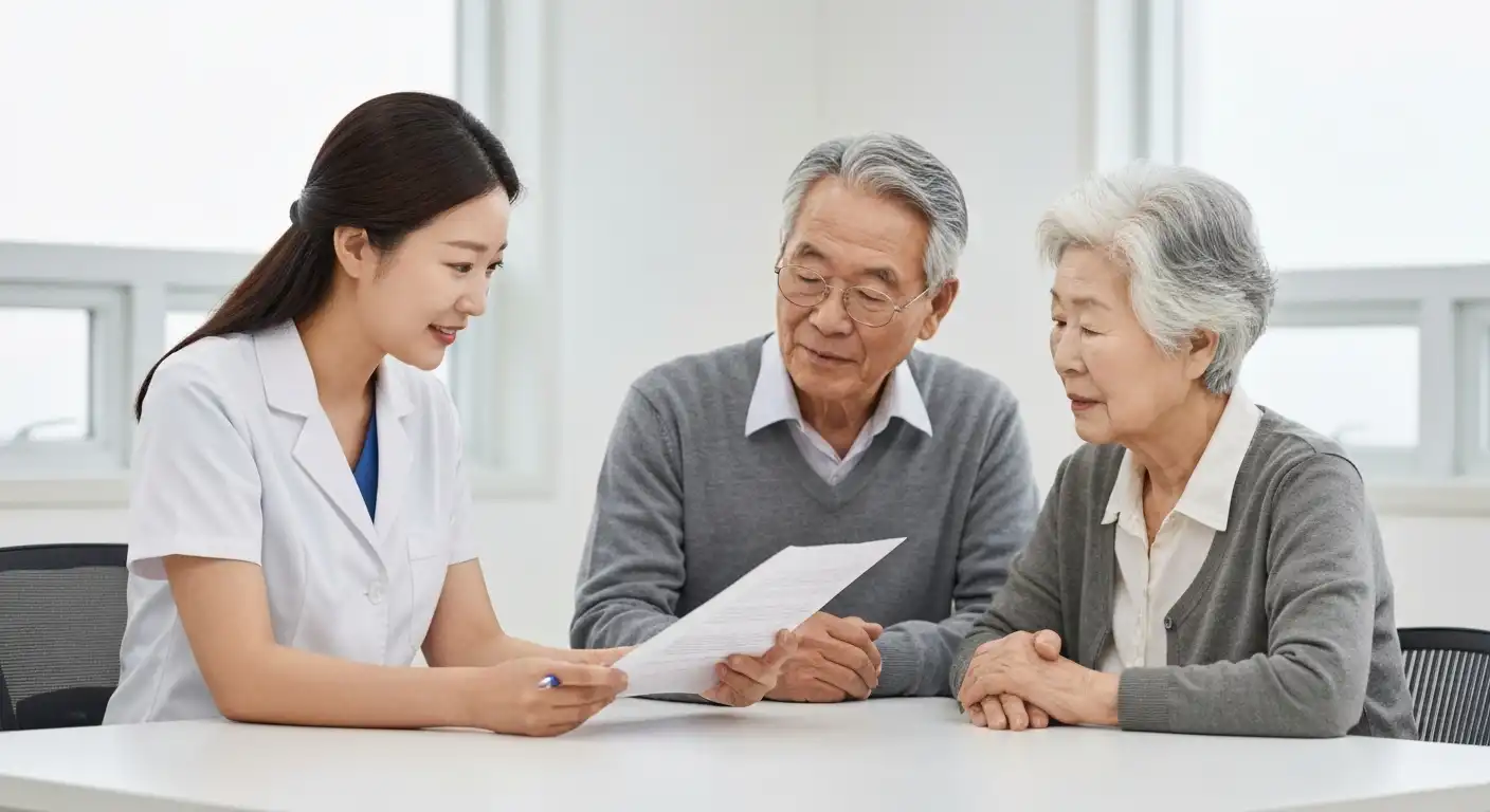 치매 치료관리비 지원사업에 대해 상담하는 치매안심센터 직원과 한국인 부부