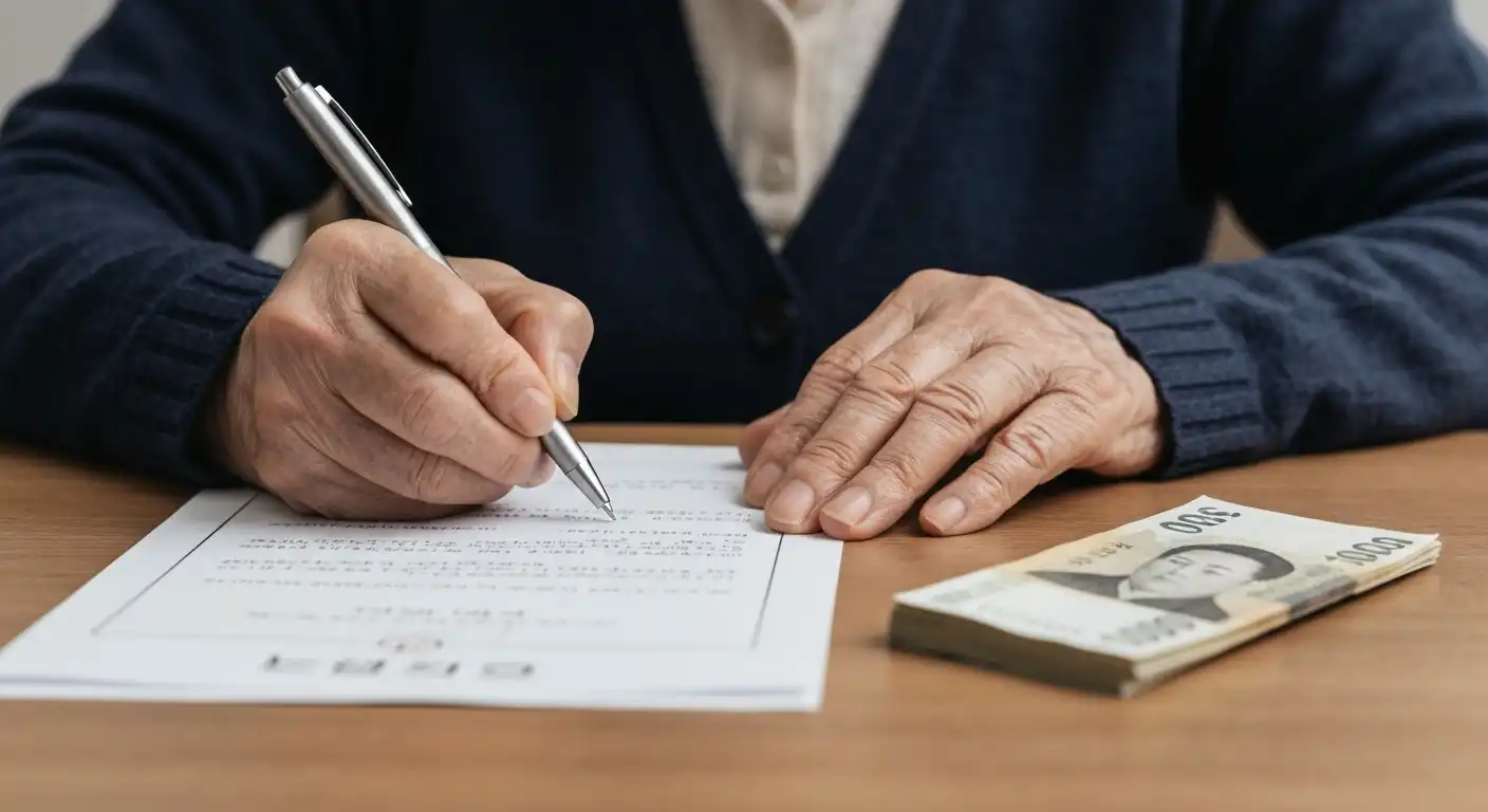 치매 치료관리비 지원사업 신청 서류에 서명하는 한국인 어르신