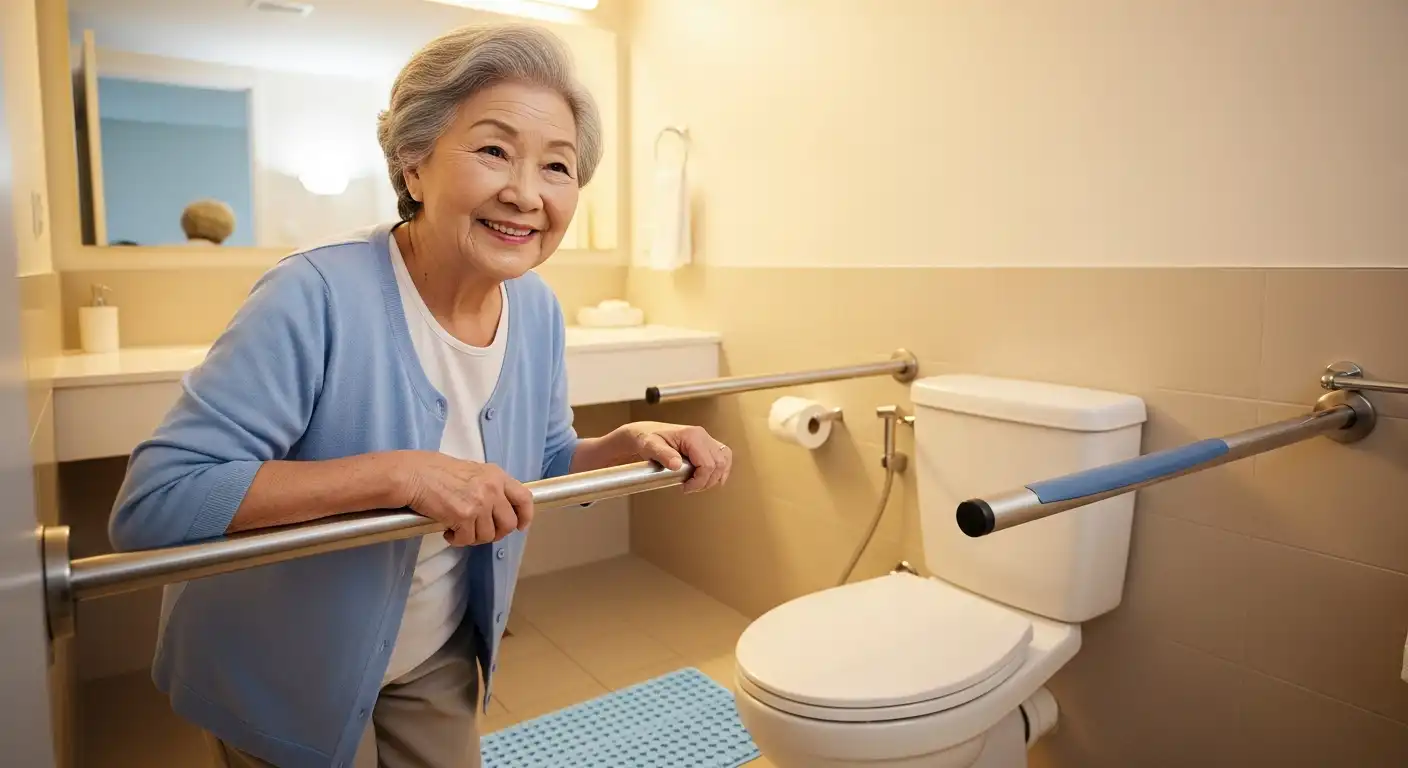 노인 낙상 예방을 위해 안전 손잡이와 미끄럼 방지 매트가 설치된 안전한 집 환경의 욕실에서 미소 짓는 아시아인 노인