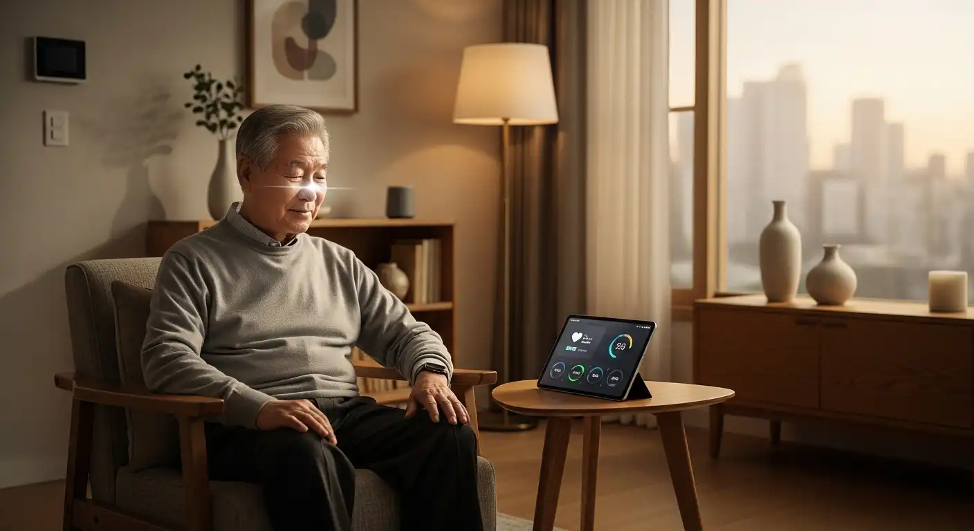 노인 낙상 예방을 돕는 스마트 워치와 태블릿을 사용하는 아시아인 노인