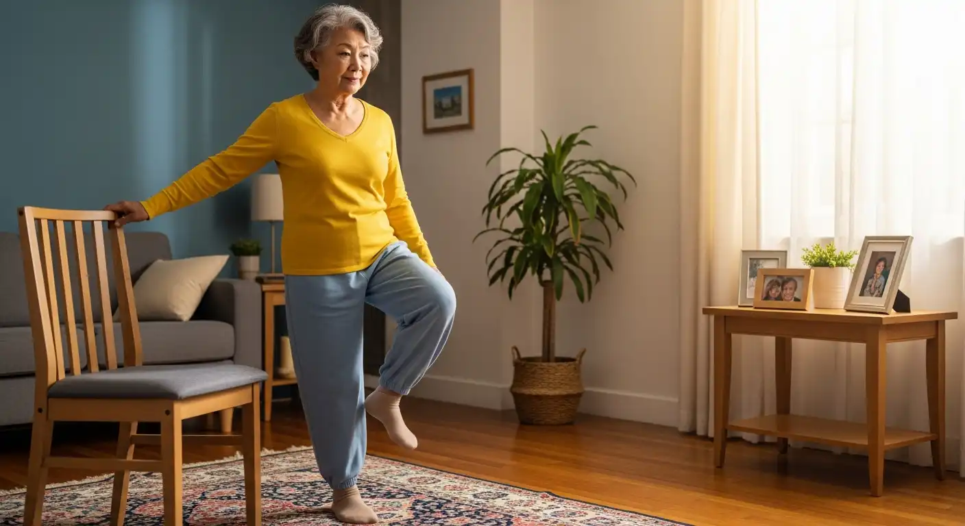 노인 낙상 예방을 위해 집에서 균형 운동을 하는 아시아인 노인