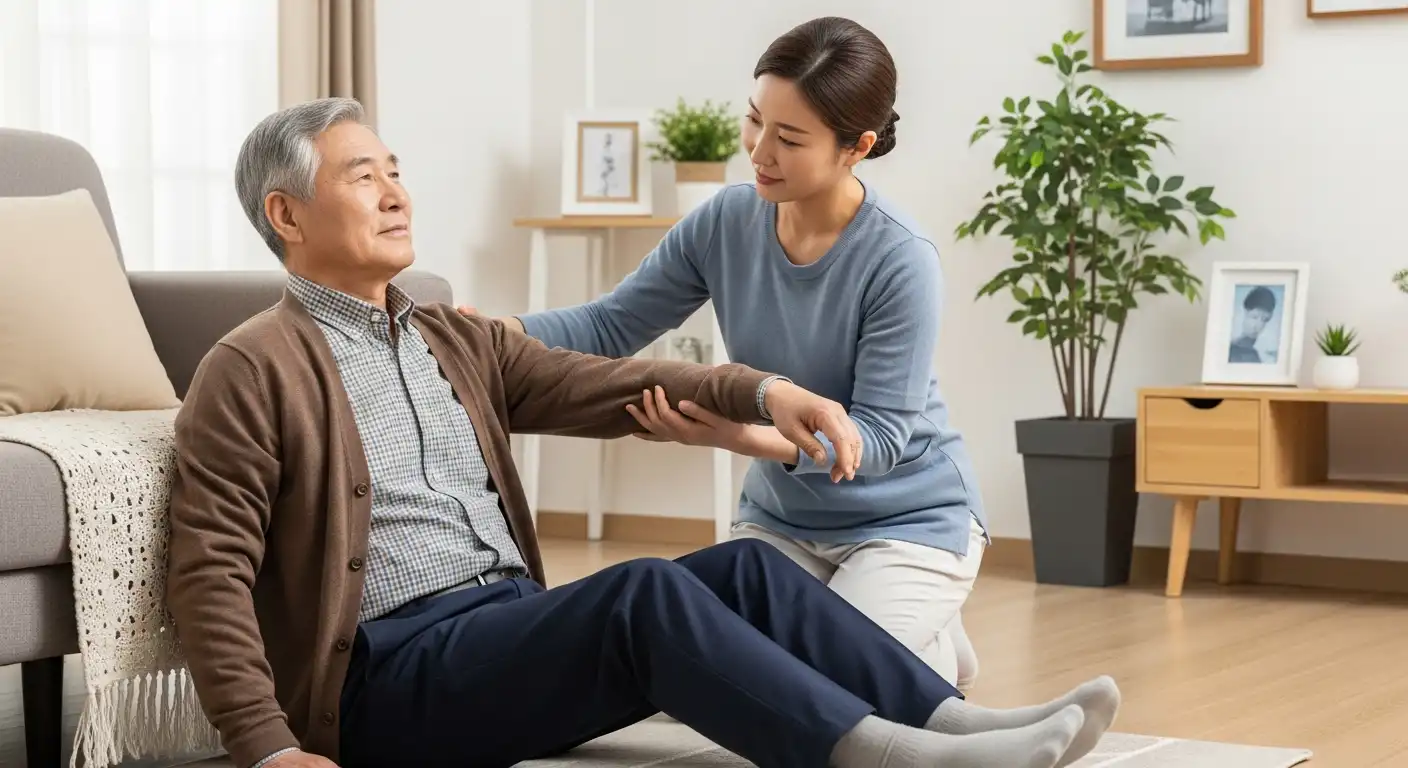 노인 낙상 예방을 위한 낙상 후 대처 교육을 받는 아시아인 노인과 간병인