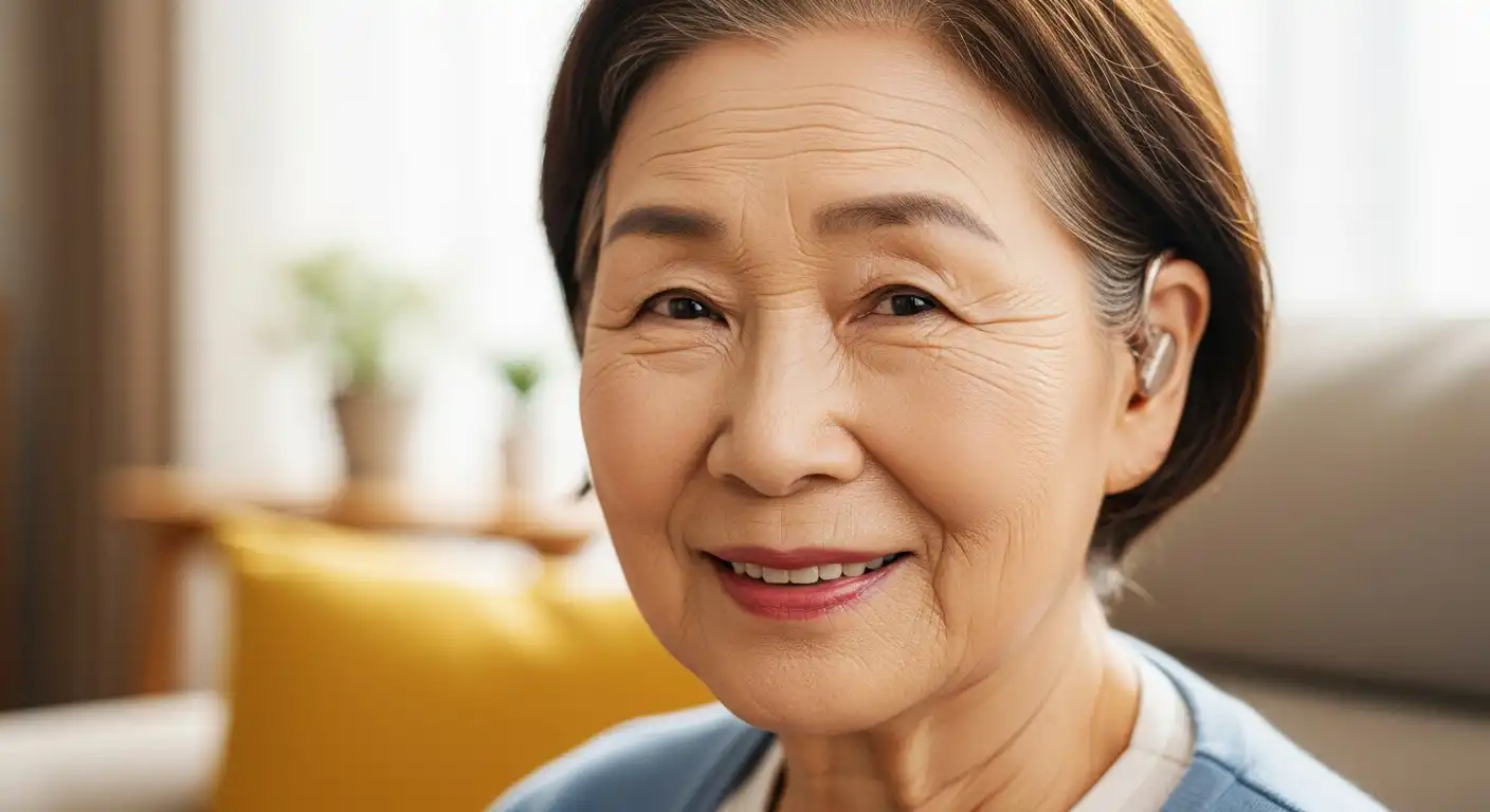 청력 저하, 이젠 고민 끝! 보청기 선택 가이드 7단계로 삶의 질 높이기! 👂✨ 1 청력 저하 보청기 착용 후 활기찬 노년 생활을 즐기는 아시아인 여성