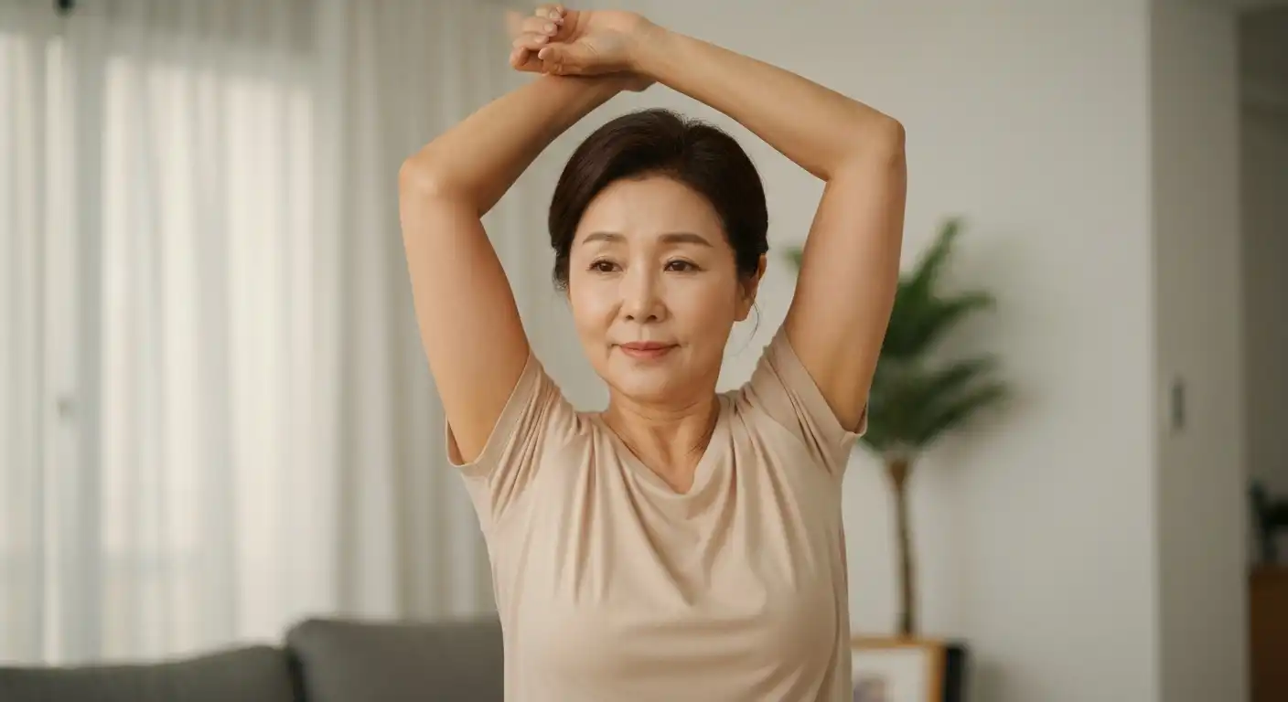 오십견(동결견) 스트레칭으로 어깨 통증을 완화하는 한국 여성