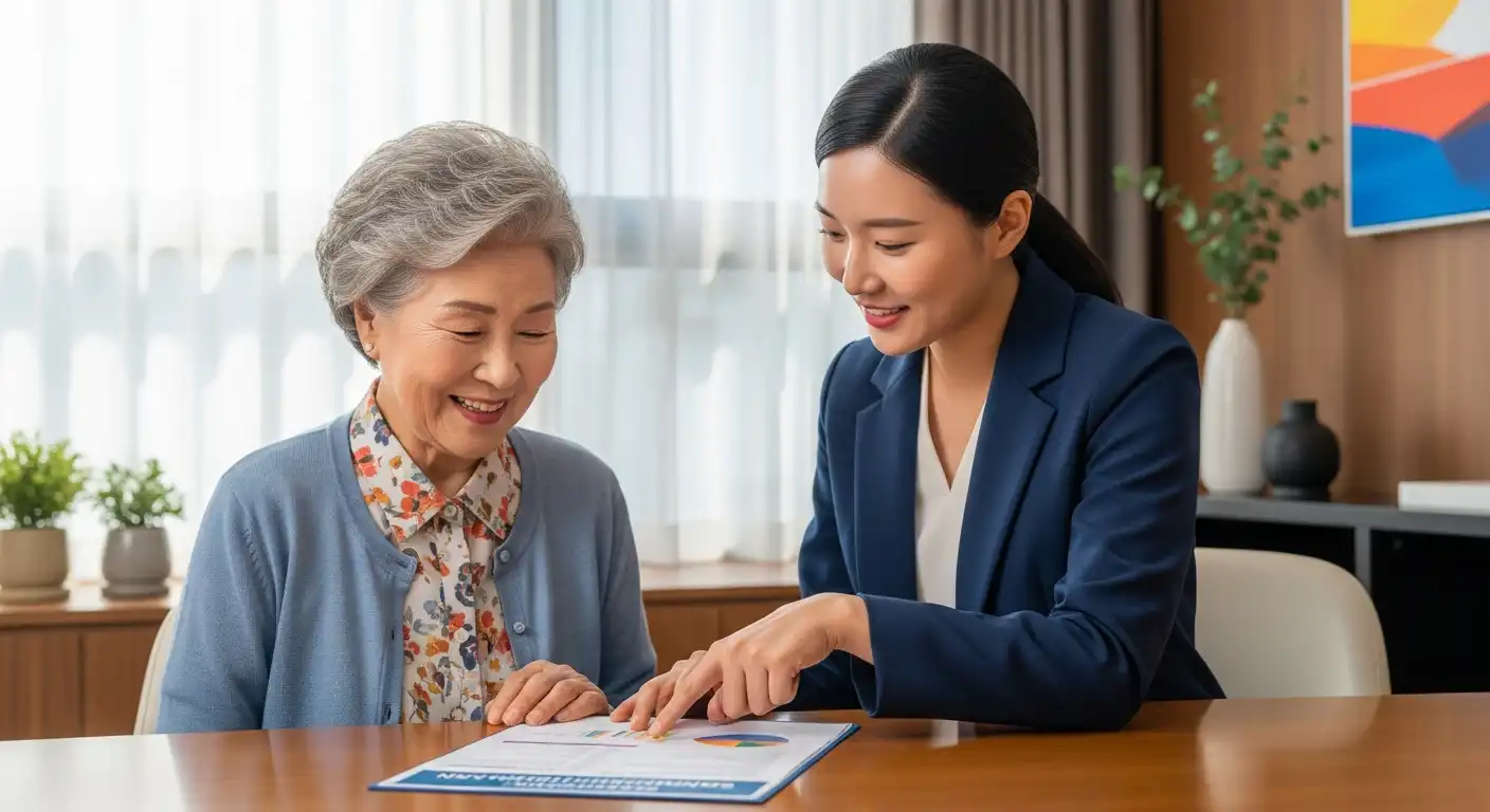 노후 실손보험 가입을 상담하는 밝은 표정의 아시아 노인 여성과 젊은 상담원