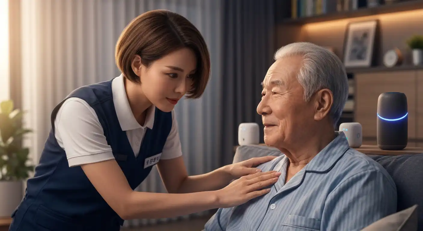 독거노인 장애인 응급안전안심서비스를 이용하는 어르신과 케어 담당자