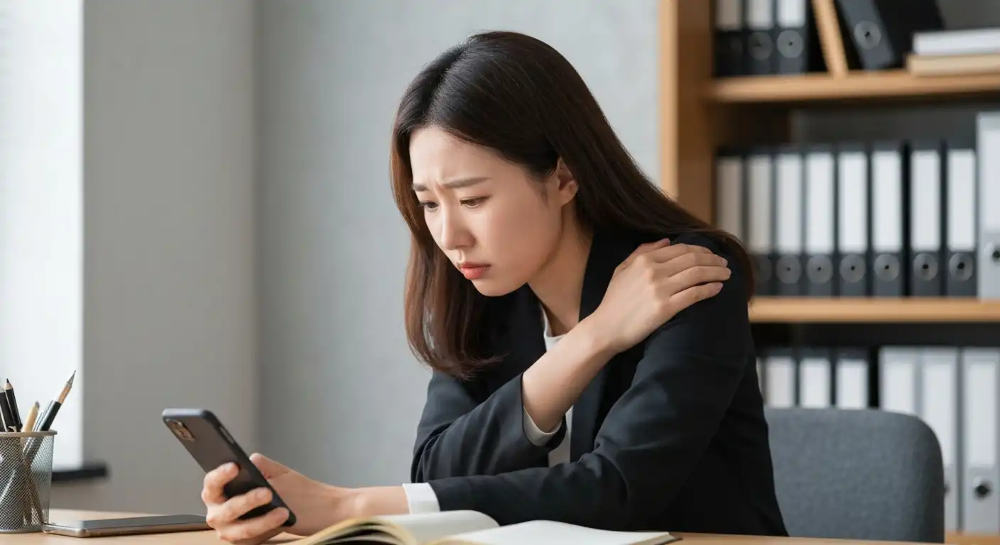 젊은 층의 오십견(동결견) 스트레칭 필요성을 보여주는 모습