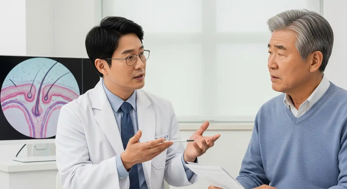 두피 관리 상담을 받고 있는 한국 시니어 남성