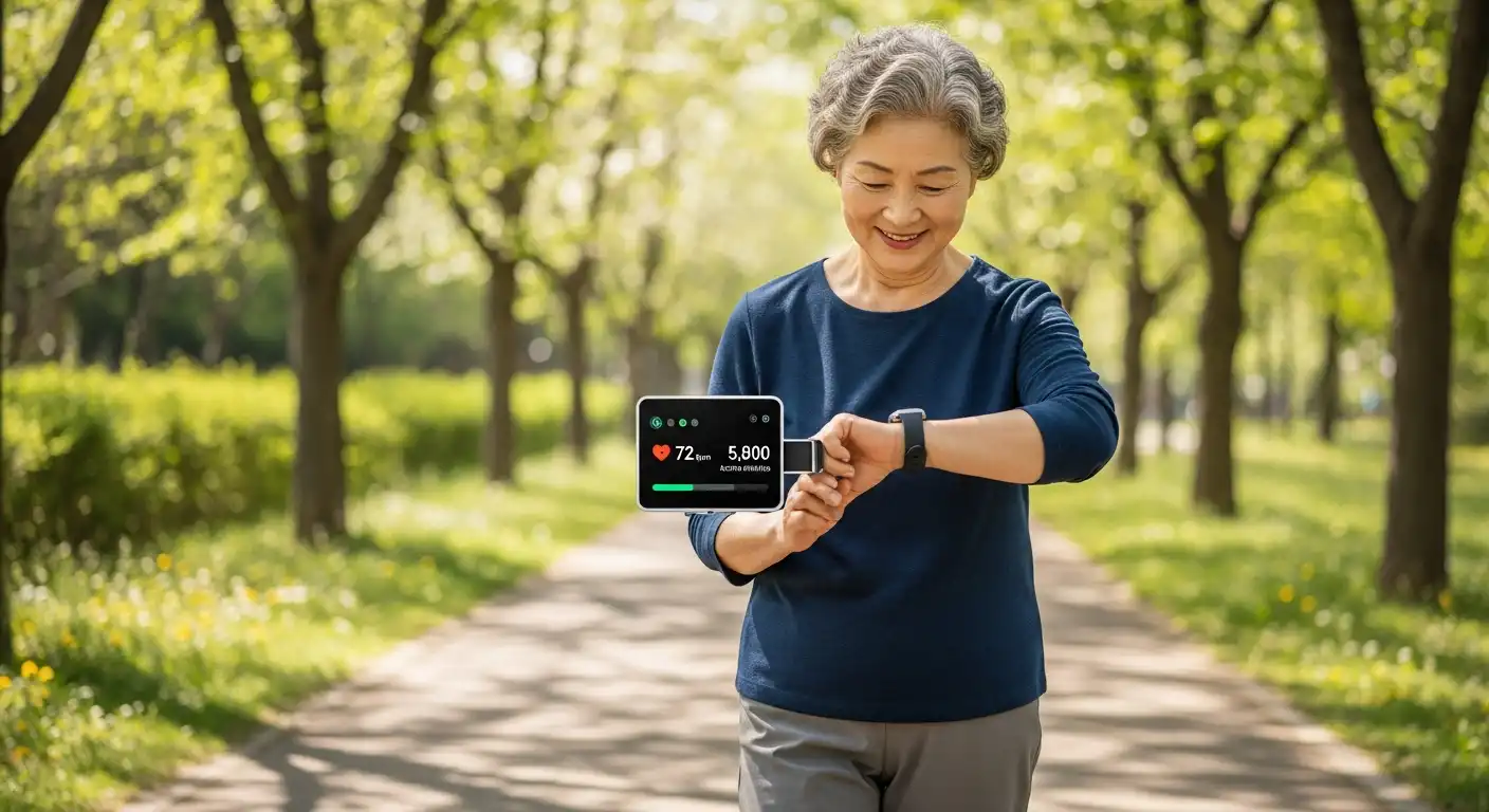 시니어 헬스케어 앱 연동 스마트워치로 건강을 확인하는 모습