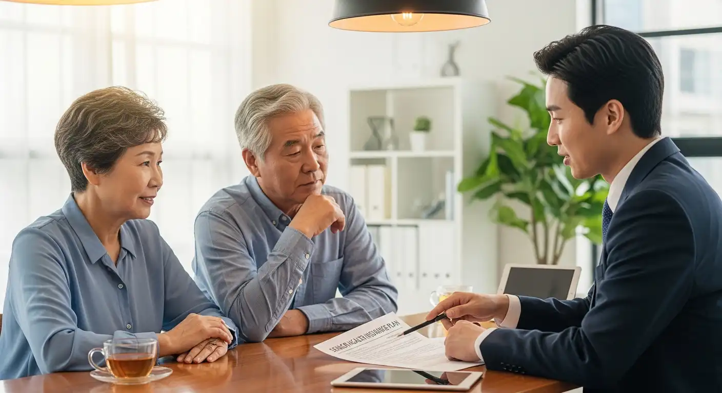 노후 실손보험 서류를 들고 전문가와 상담하는 아시아인 커플