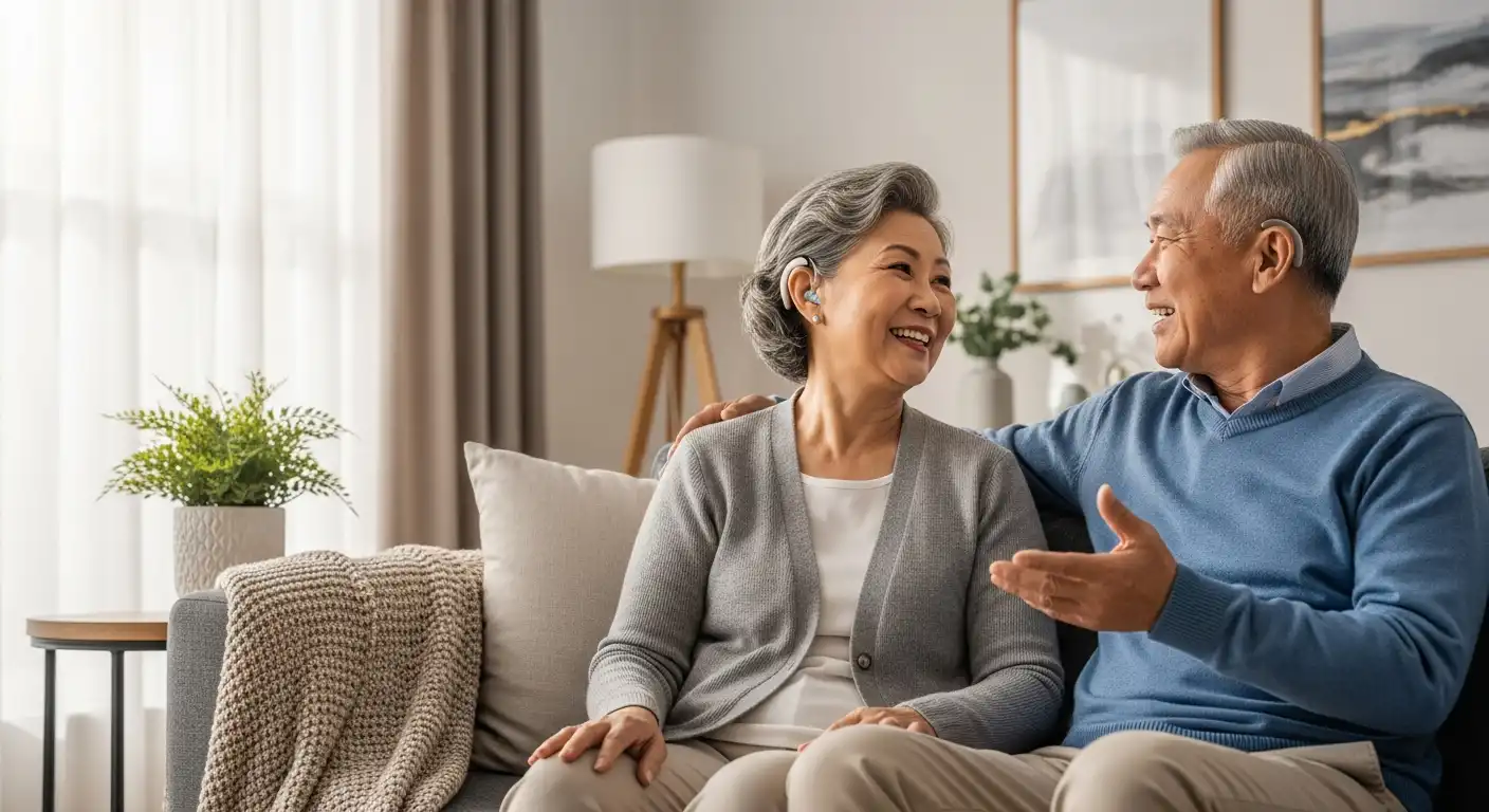 청력 저하, 이젠 고민 끝! 보청기 선택 가이드 7단계로 삶의 질 높이기! 👂✨ 3 청력 저하로 인해 보청기를 착용하고 가족과 대화하는 아시아인 노인 여성