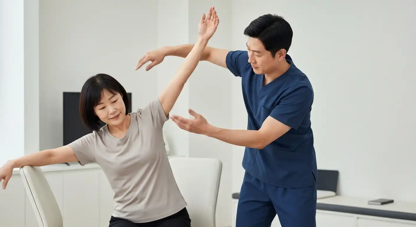 오십견(동결견) 스트레칭을 전문가의 지도 아래 하는 모습