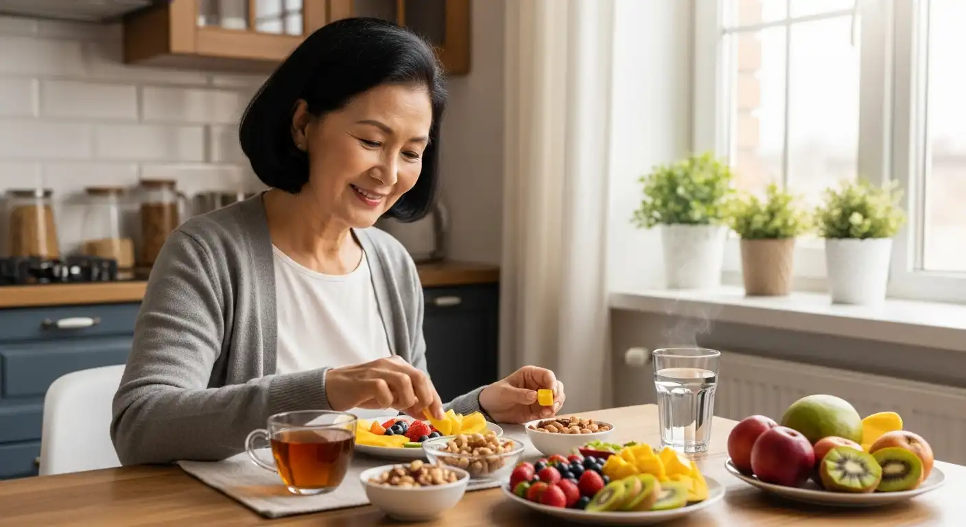 건강한 식습관으로 시니어 두피 탈모 관리를 하는 아시아 여성