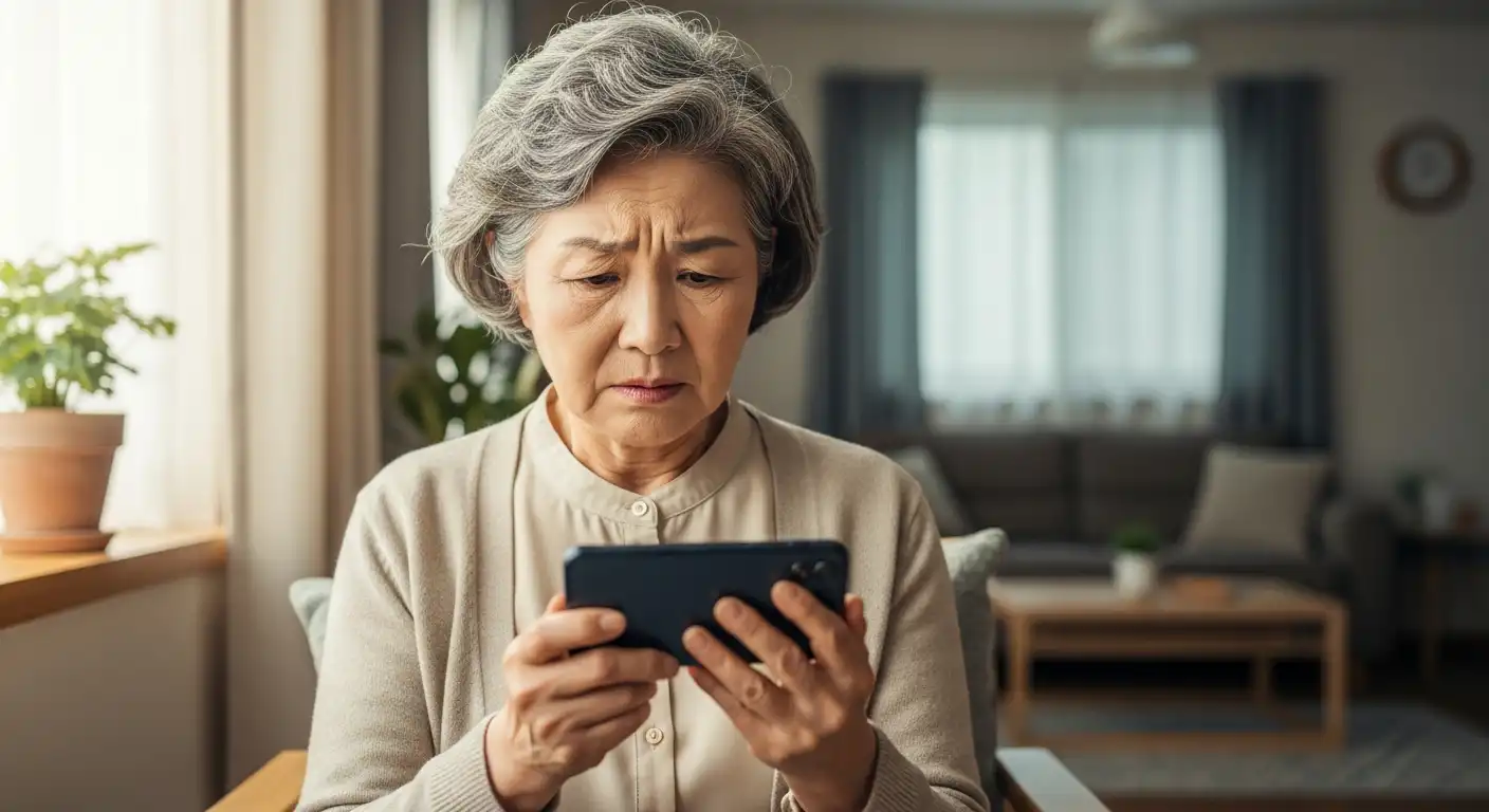 노후긴급자금대부 (실버론) 모바일 앱을 이용하려 노력하는 한국인 노인