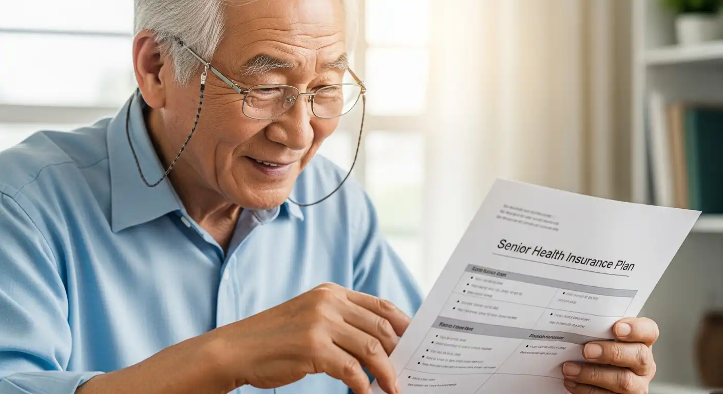 노후 실손보험 서류와 함께 상담받는 아시아 노인