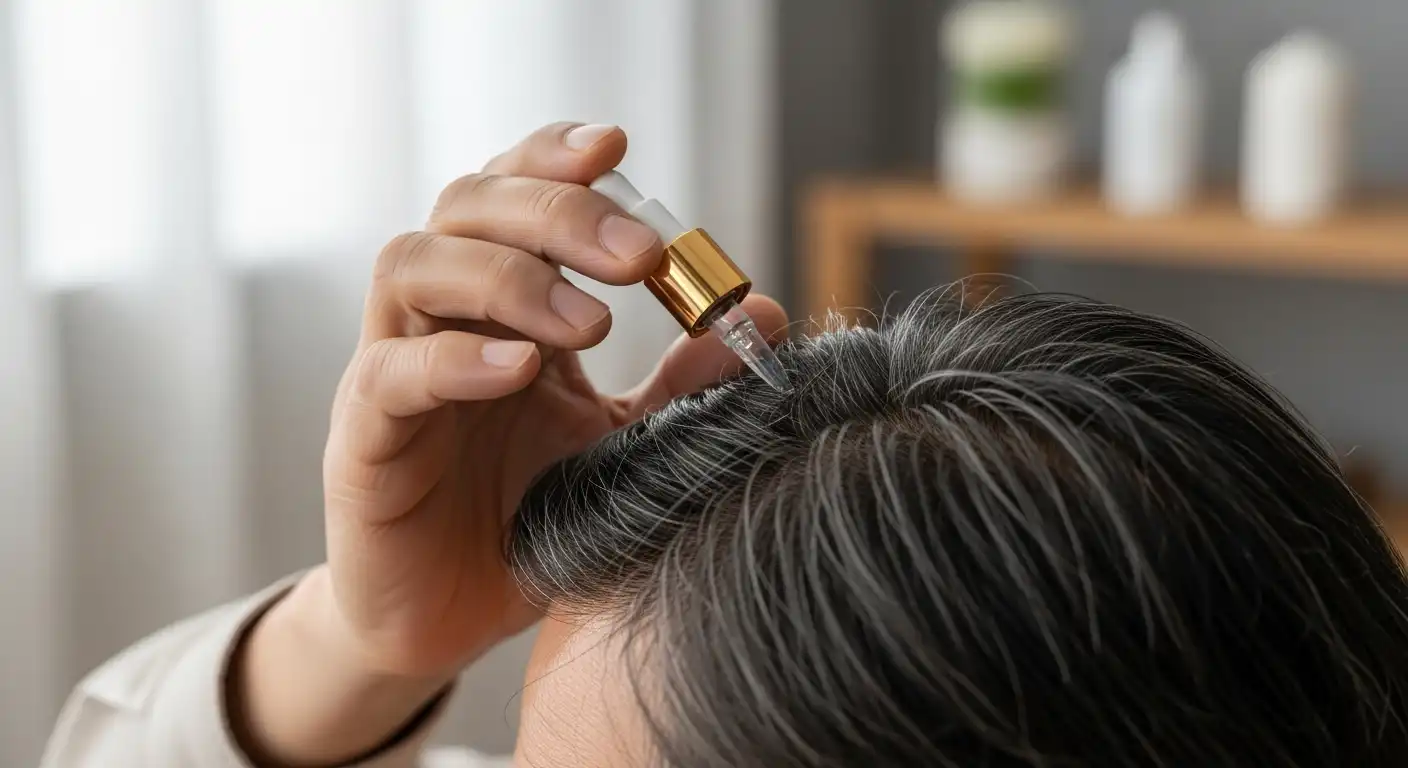 탈모 방지 두피 세럼으로 시니어 두피 탈모 관리하는 모습