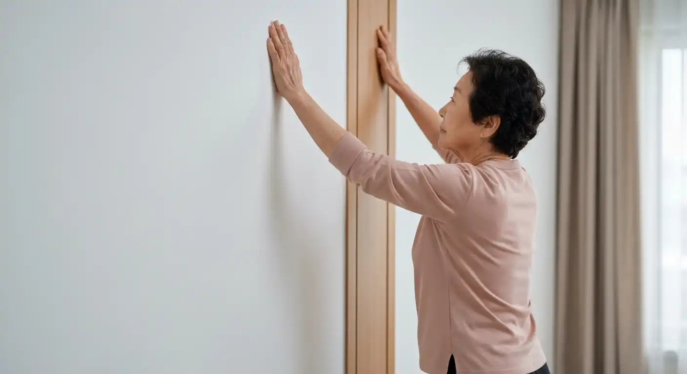 오십견(동결견) 스트레칭 중 벽 타기 운동을 하는 한국 여성