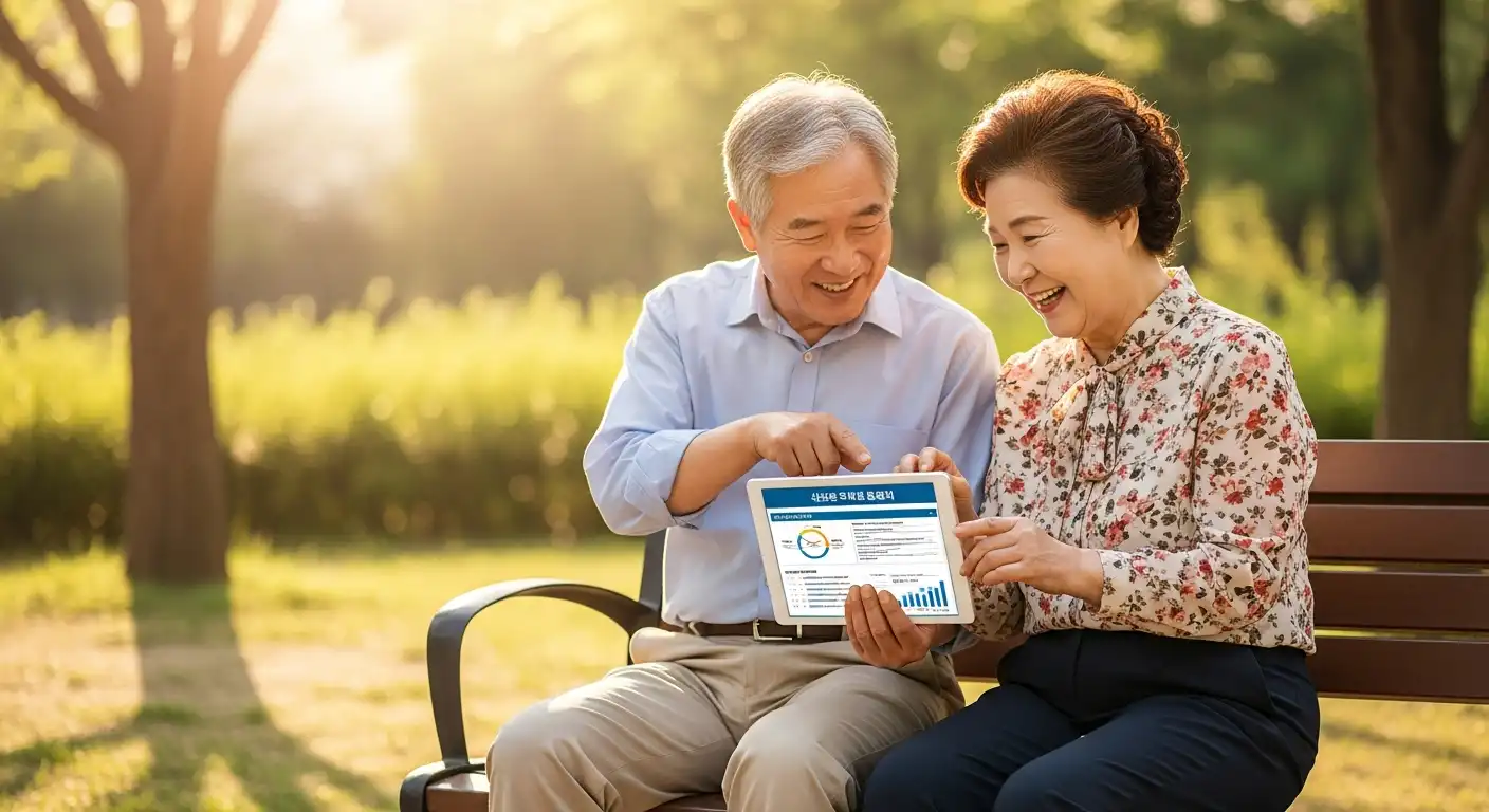 행복하게 웃고 있는 노부부가 공원 벤치에 앉아 노후 실손보험 관련 서류를 보는 모습