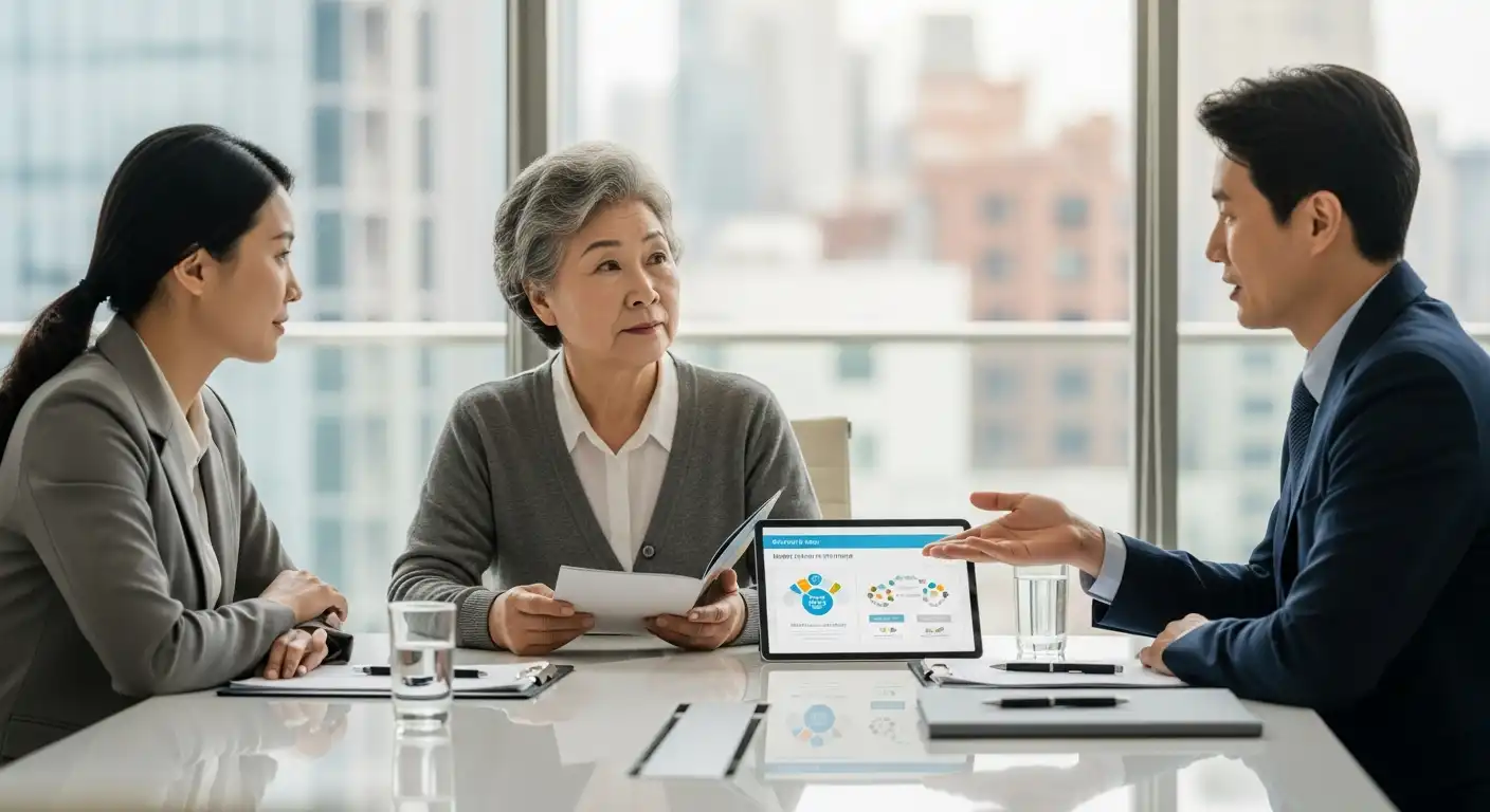 노인장기요양보험 신청에 대해 상담하는 한국인 가족