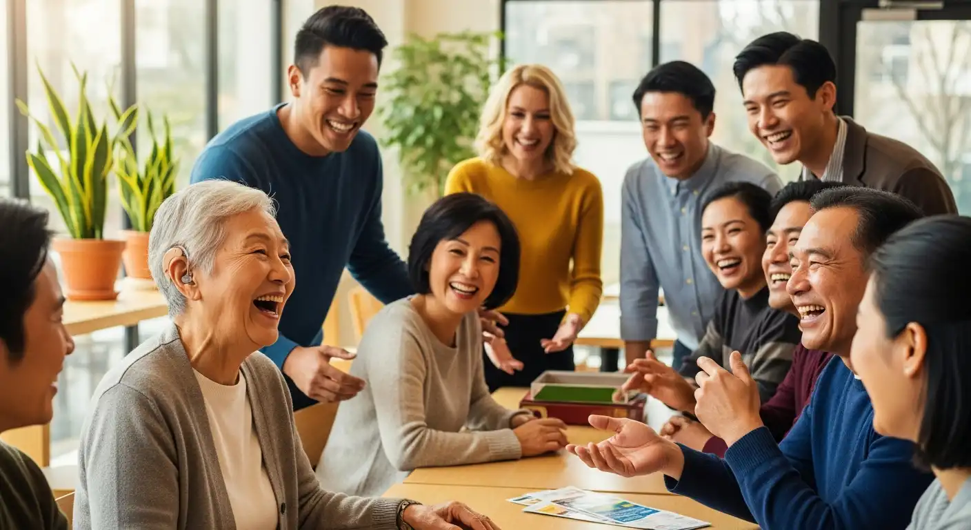 청력 저하, 이젠 고민 끝! 보청기 선택 가이드 7단계로 삶의 질 높이기! 👂✨ 5 청력 저하로 인해 보청기를 착용한 아시아인 여성이 밝게 웃으며 대화하는 모습