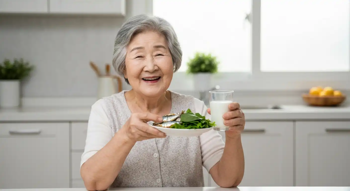 골다공증에 좋은 음식으로 건강한 식사를 하는 한국인 여성