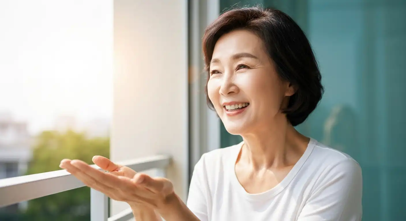 햇빛을 쬐며 비타민 D를 흡수하는 한국인 여성