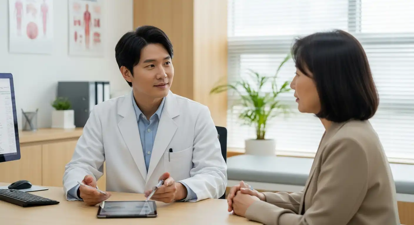 갱년기 증상부터 자연 극복법까지! 4050 남녀가 알아야 할 7가지 변화 💡 3 갱년기 증상에 대해 상담하는 한국인 의사와 환자