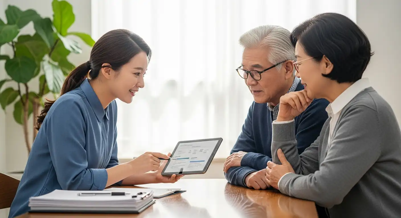 노인 빈곤 해소, 2025년 <b>기초생활수급 노인 생계급여 지급</b>! 꼭 알아야 할 5가지 핵심 변화 💡 1 노인 근로 및 사업소득 공제 확대를 설명하는 한국인 사회복지사와 경청하는 노인 부부